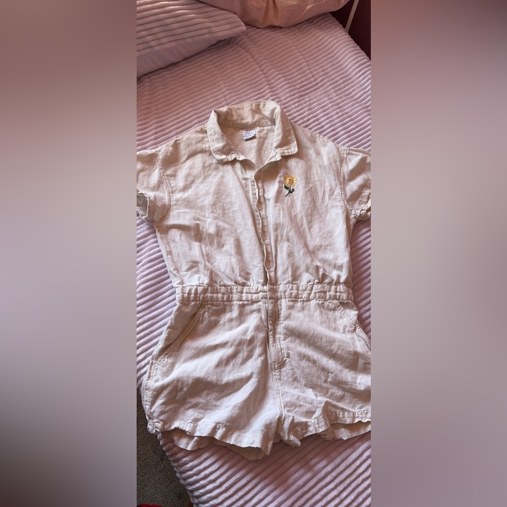 RVCA Beige Short Sleeve Romper with Floral Embroidery